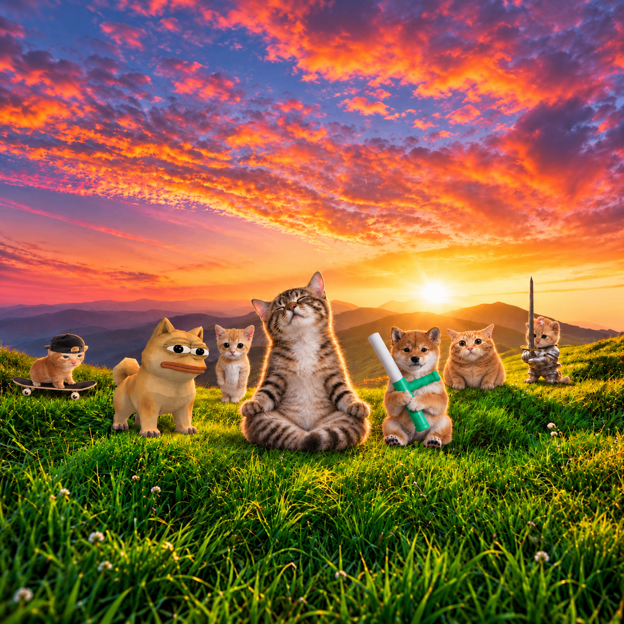 Seven animal memes gathered in a sunset meadow: skater cat, Pepe-faced dog, little kitten, Zencat, Shiba, round tabby and knight kitten
